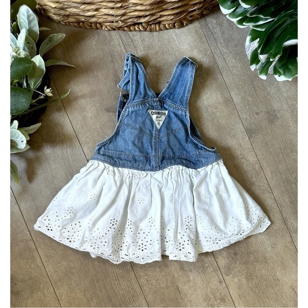 OshKosh B'gosh Blue and White Denim Eyelet Overalls Jumper Dress 18m Girl